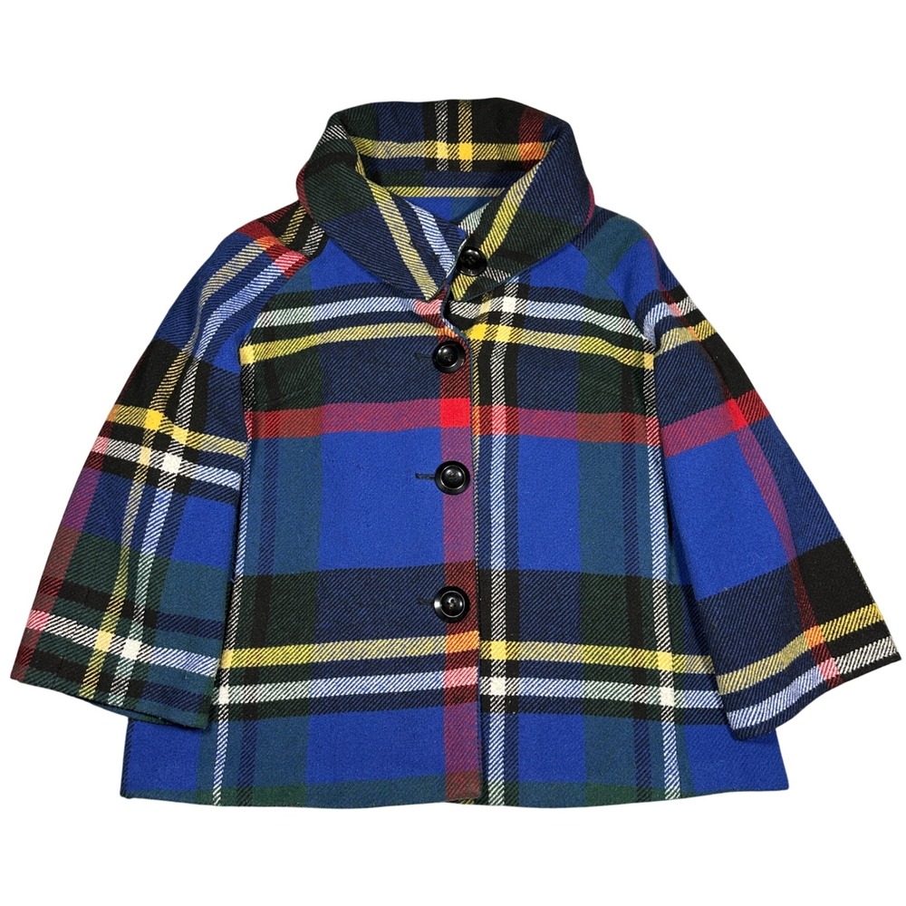 For Cynthia Plaid Pea Coat Blue Tartan Portrait Collar Wool Blend Jacket Womens